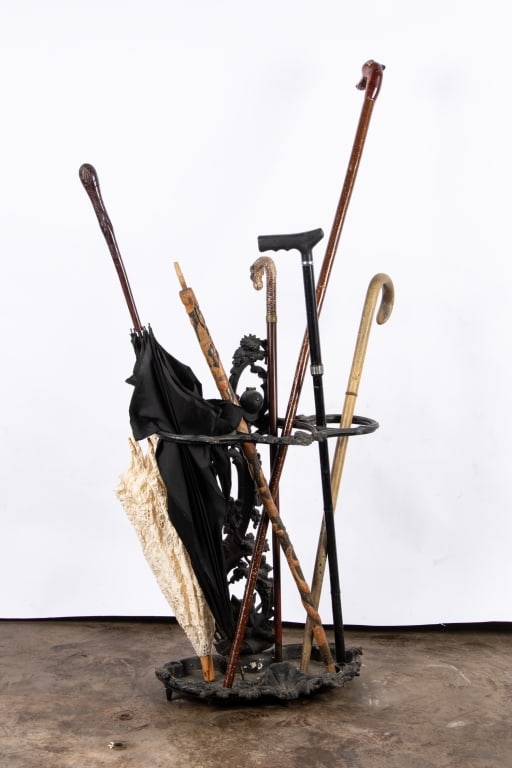 VINTAGE UMBRELLA STAND WITH UMBRELLAS & CANES - 5
