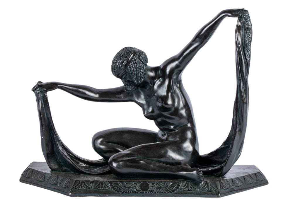 CLAIRE JEANNE COLINET, ISIS, METAL SCULPTURE: Claire Jeanne Colinet, "Isis", metal sculpture. Approximate dimensions: h. 15", w. 21", d. 8" Disclaimer: Participating bidders must have a credit card on file with LiveAuctioneers in order for their