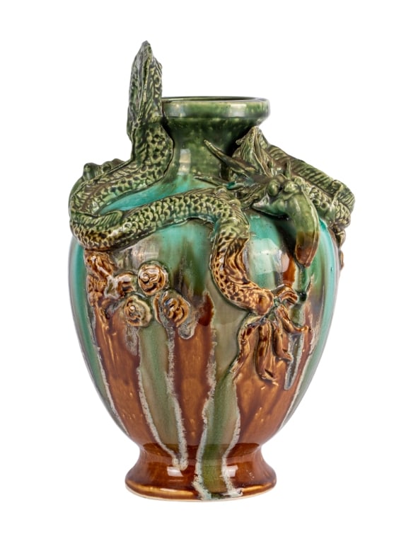 20TH CENTURY GLAZED CERAMIC DRAGON VASE: 20th century. Glazed ceramic dragon vase. Approximate dimensions: h. 15", dia. 9" Disclaimer: Participating bidders must have a credit card on file with LiveAuctioneers in order for their bidding