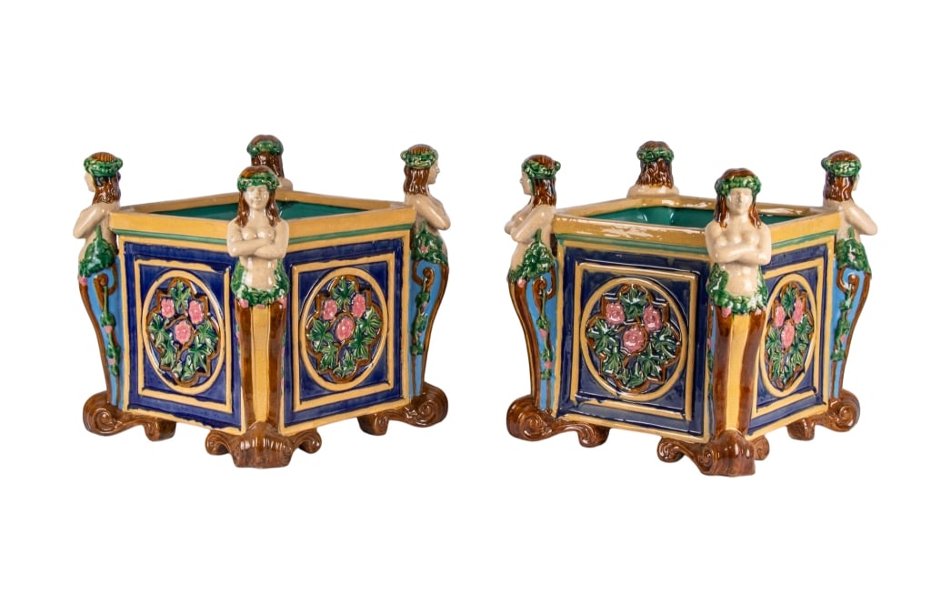 PAIR OF MAJOLICA FIGURAL JARDINIERES (1 of 7)
