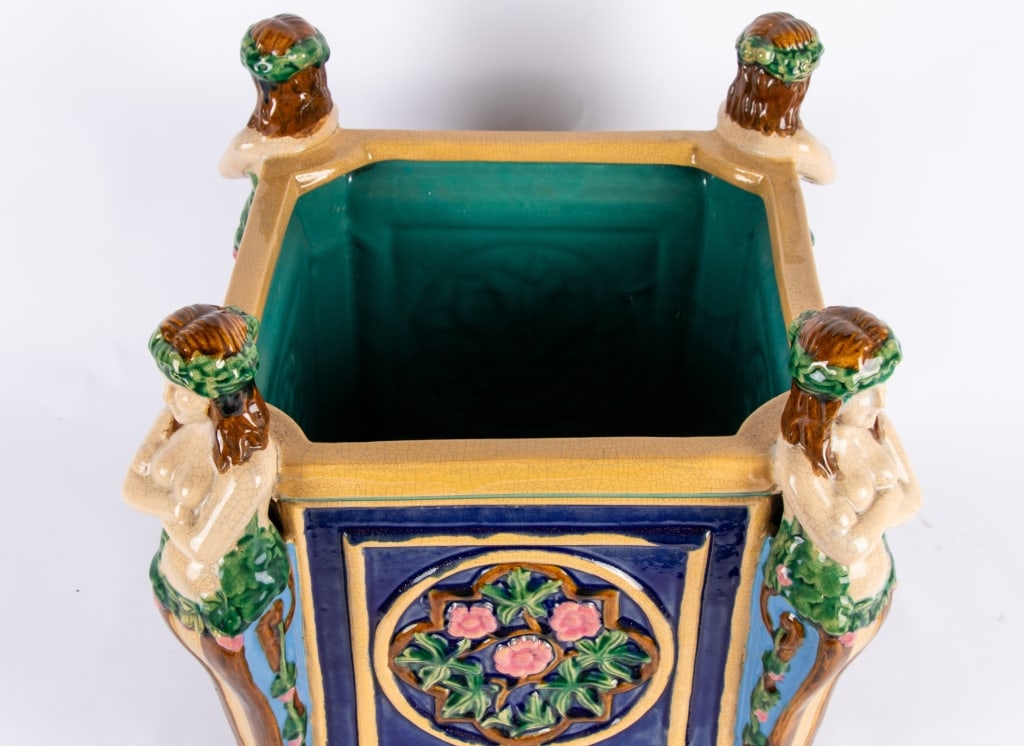 PAIR OF MAJOLICA FIGURAL JARDINIERES - 6