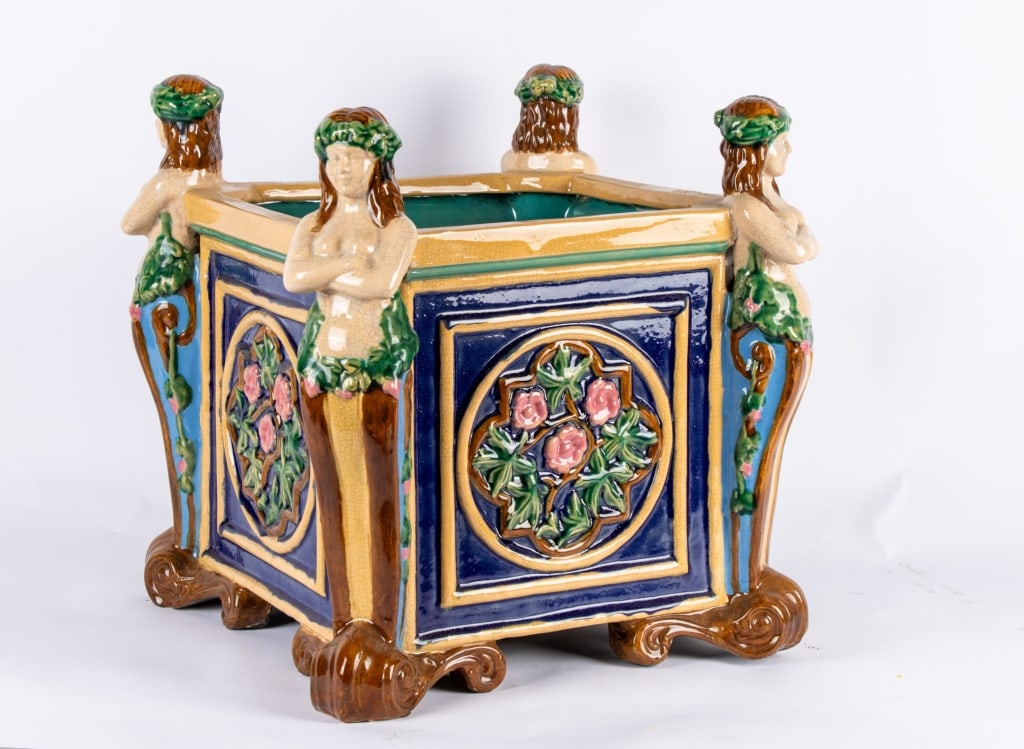 PAIR OF MAJOLICA FIGURAL JARDINIERES - 7