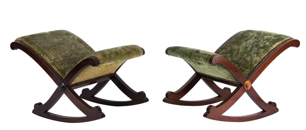 PAIR OF VICTORIAN ROCKER FOOTSTOOLS: Pair Of Victorian rocker footstools with nailhead trim accents and green upholstery. Approximate dimensions: h. 14", w. 14", d. 20" Disclaimer: Participating bidders must have a credit card on file