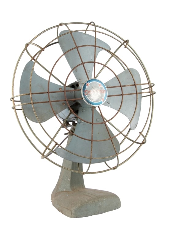VINTAGE DOMINION INDUSTRIAL FAN: Vintage Dominion industrial fan. Approximate dimensions: h. 22", w. 19", d. 11" Disclaimer: Participating bidders must have a credit card on file with LiveAuctioneers in order for their bidding
