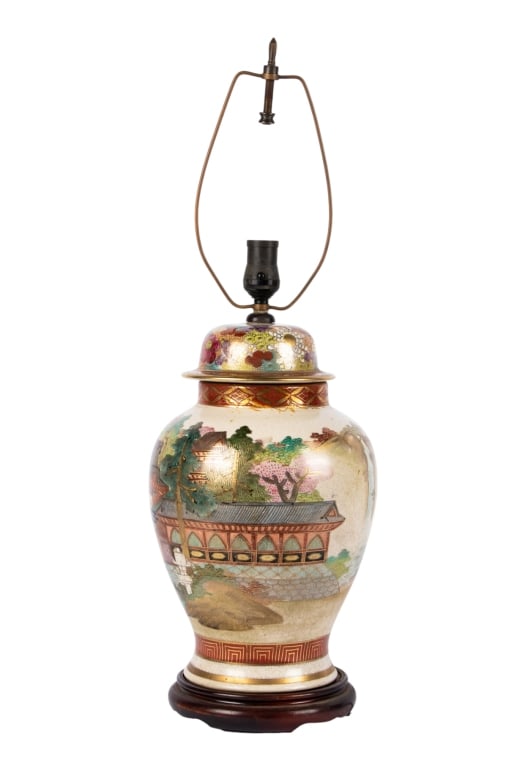 JAPANESE SATSUMA GINGER JAR MOUNTED AS LAMP: Japanese Satsuma ginger jar mounted as lamp. Approximate dimensions: h. 27", dia. 8" Disclaimer: Participating bidders must have a credit card on file with LiveAuctioneers in order for their bidding r