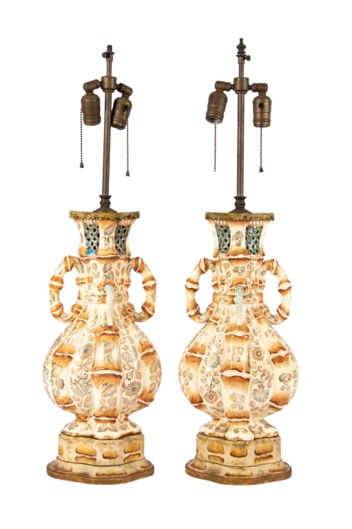 PAIR OF HOLLYWOOD REGENCY TABLE LAMPS: Pair of Hollywood Regency table lamps. Approximate dimensions: h. 31", w. 9", d. 5" Disclaimer: Participating bidders must have a credit card on file with LiveAuctioneers in order for their bidding