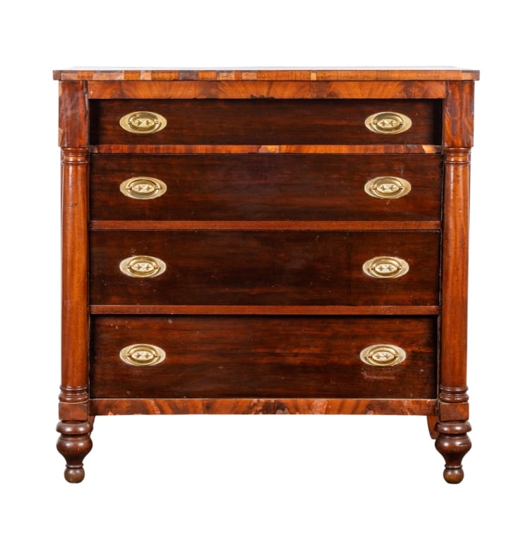 19TH C. MAHOGANY CHEST OF DRAWERS: Continental, 19th century. Mahogany chest of drawers with brass pulls and column form posts. Approximate dimensions: h. 43", w. 43", d. 21" Disclaimer: Participating bidders must have a credit card
