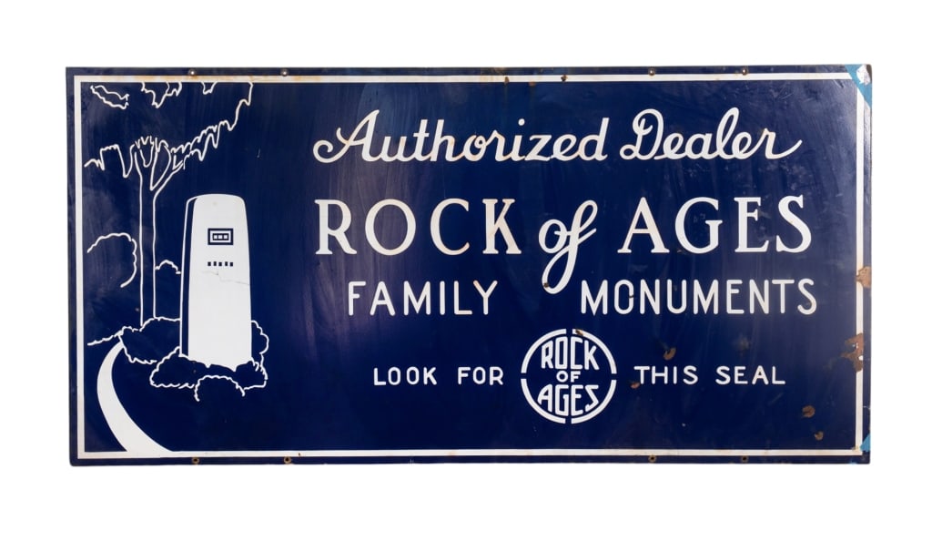 ROCK OF AGES FAMILY MONUMENTS ADVERTISING SIGN: Rock of Ages Family Monuments double-sided advertising sign. Approximate dimensions: h. 48", w. 96" Disclaimer: Participating bidders must have a credit card on file with LiveAuctioneers in order for