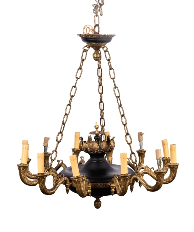 EMPIRE STYLE BRASS AND TOLE 12-ARM CHANDELIER: Empire style brass & tole 12-arm basket chandelier with pinecone pendant and ormolu accents. Approximate dimensions: h. 40", dia. 36" Disclaimer: Participating bidders must have a credit card on file