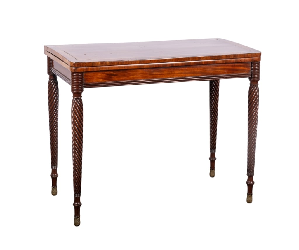 MAHOGANY GAME TABLE WITH ROPE TWIST LEGS: Mahogany game table with rope twist legs, green felt playing surface, brass inlay, folding top opening to reveal gaming surface. Approximate dimensions: h. 28.5", w. 36", d. 18" Disclaimer: