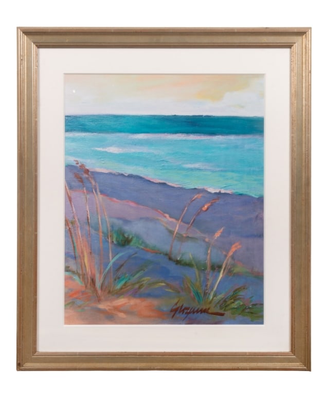 SUZANNE WILKINS, 'DUNES AT DUSK II', LITHOGRAPH: Suzanne Wilkins (Contemporary). "Dunes at Dusk II" - lithograph, signed in plate to LR. Framed. Approximate dimensions: h. 27.5", w. 23.5", d. 1.25" Disclaimer: Participating bidders must have a