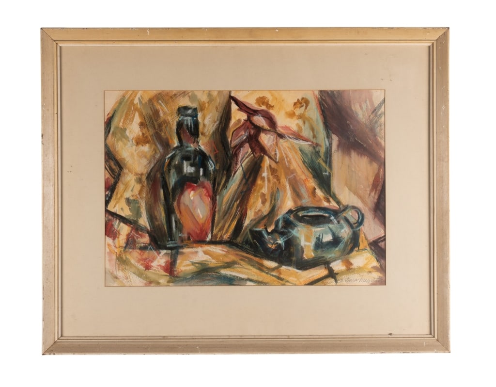 BARBARA MAGRATH, ABSTRACT STILL LIFE, MM/P: Barbara Magrath (Contemporary). Untitled - mixed media on paper, signed to LR. Framed. Approximate dimensions: h. 24.5", w. 30.25", d. 1.5" Disclaimer: Participating bidders must have a credit card