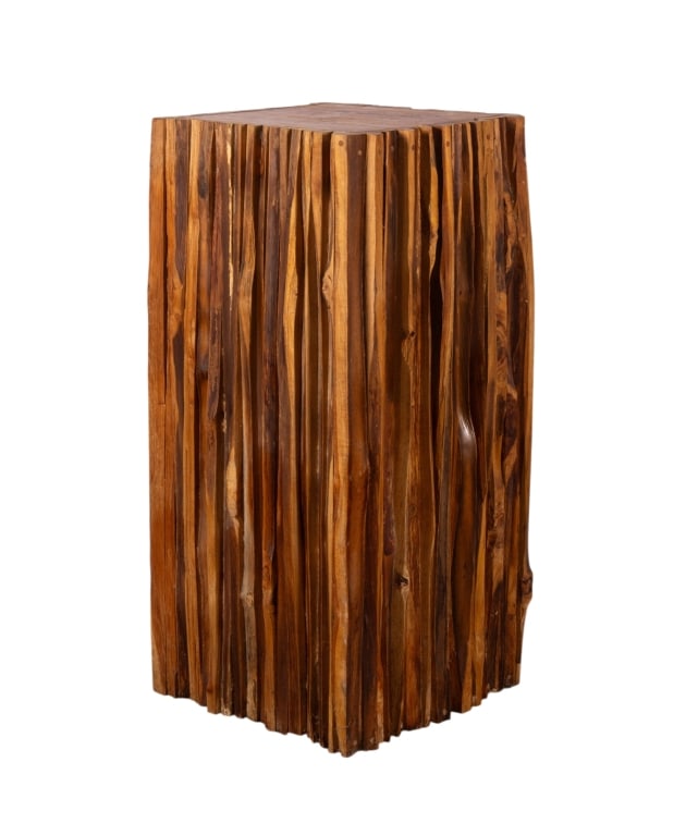RUSTIC WOOD PEDESTAL: Rustic wood pedestal. Approximate dimensions: h. 40", w. 19", d. 19" Disclaimer: Participating bidders must have a credit card on file with LiveAuctioneers in order for their bidding registration to