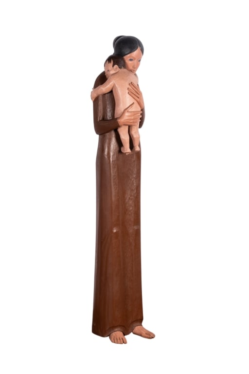 FRANCOIS BROCHET WOODEN SCULPTURE: Francois Brochet wooden sculpture signed to the back. Approximate dimensions: h. 69", w. 14", d. 12" Disclaimer: Participating bidders must have a credit card on file with LiveAuctioneers in order