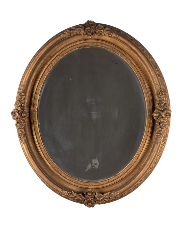 FRENCH NAPOLEON III-STYLE OVAL WALL MIRROR: French Napoleon III style oval wall mirror. Approximate dimensions: h. 32", w. 28", d. 5" Disclaimer: Participating bidders must have a credit card on file with LiveAuctioneers in order for their