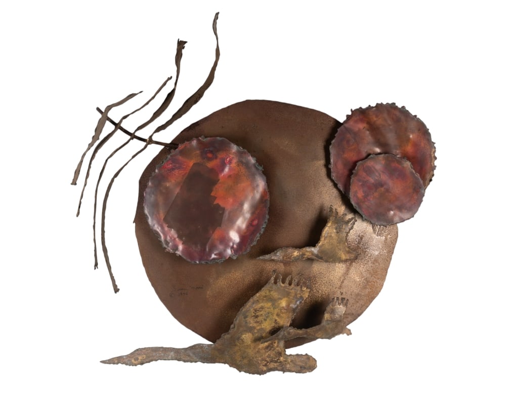 MCM BRUTALIST COPPER WALL SCULPTURE: MCM brutalist copper wall sculpture. Dated 1975 and signed to LL. Approximate dimensions: h. 33", w. 33", d. 5" Disclaimer: Participating bidders must have a credit card on file with LiveAuctioneers i