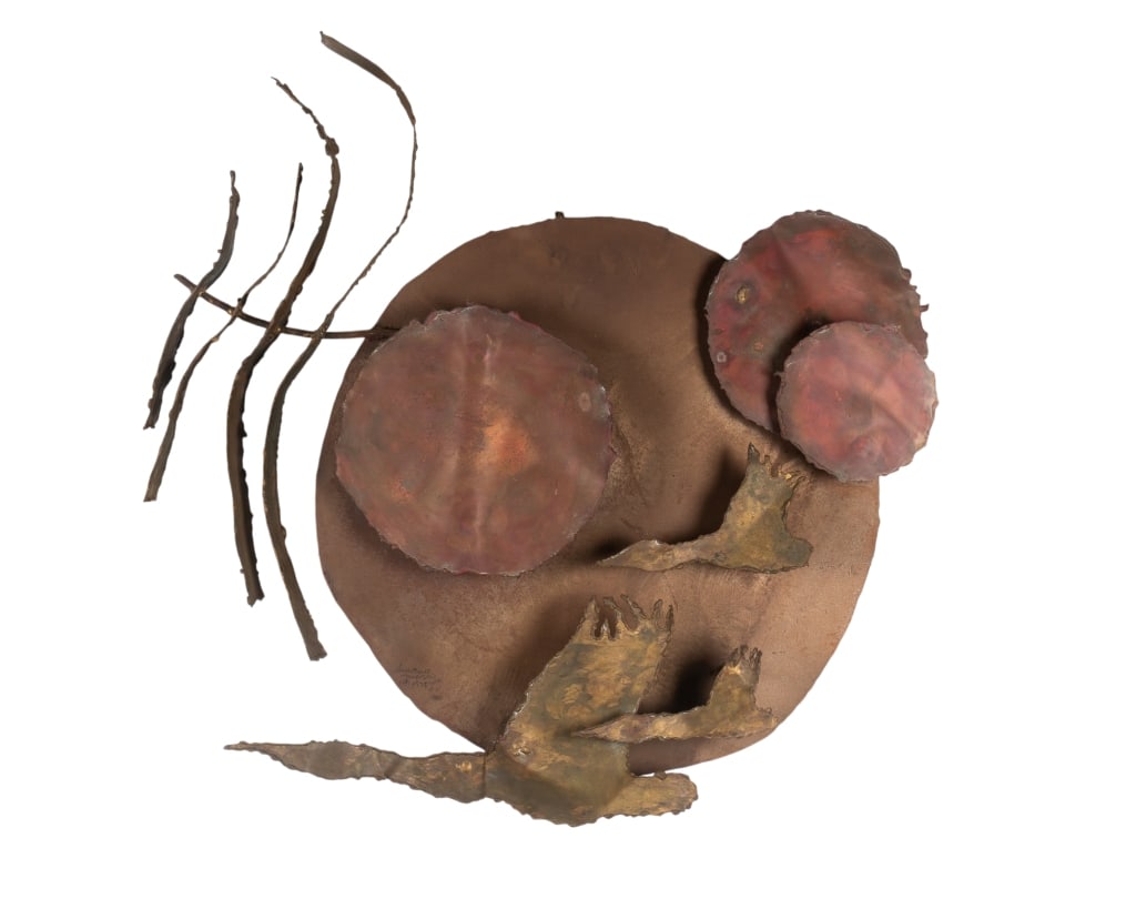 MCM BRUTALIST COPPER WALL SCULPTURE: MCM brutalist copper wall sculpture. Dated 1975 and signed to LL. Approximate dimensions: h. 33", w. 33", d. 5" Disclaimer: Participating bidders must have a credit card on file with LiveAuctioneers