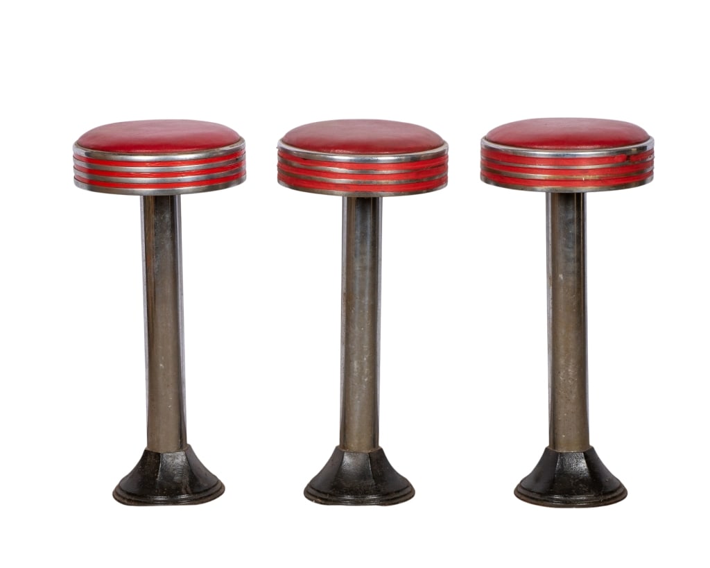SET OF 3 MCM DINER BAR STOOLS: Set of 3 MCM diner bar stools. Approximate dimensions: h. 27", dia. 12.5" Disclaimer: Participating bidders must have a credit card on file with LiveAuctioneers in order for their bidding