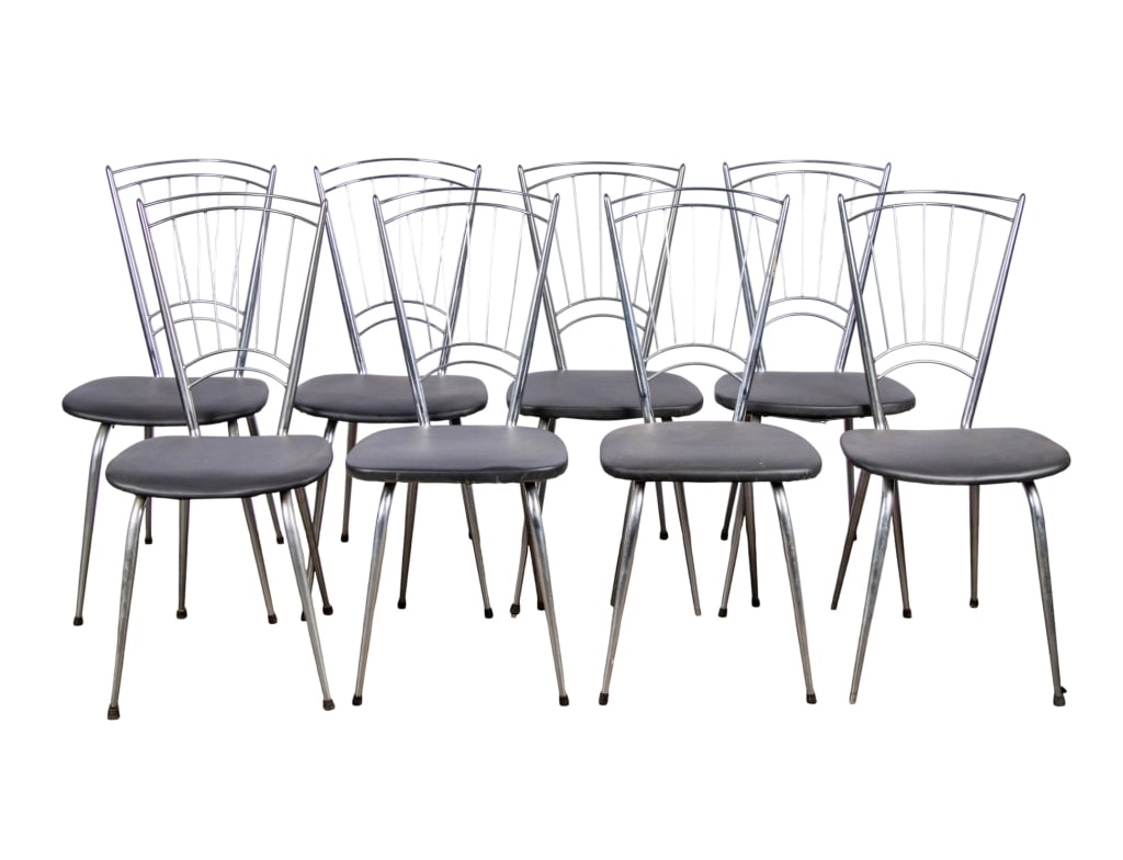SET OF 8 MCM CHROME DINING CHAIRS: Approximate dimensions: h. 34.5", w. 16", d. 15" Disclaimer: Participating bidders must have a credit card on file with LiveAuctioneers in order for their bidding registration to be approved. Credit
