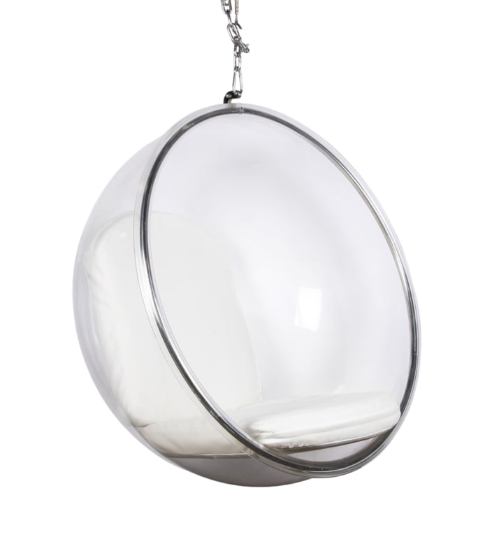 EERO AARNIO STYLE ACRYLIC HANGING BUBBLE CHAIR: having a chrome frame and featuring white leather cushions. Approximate dimensions: h. 42", w. 40", d. 26" Disclaimer: Participating bidders must have a credit card on file with LiveAuctioneers in