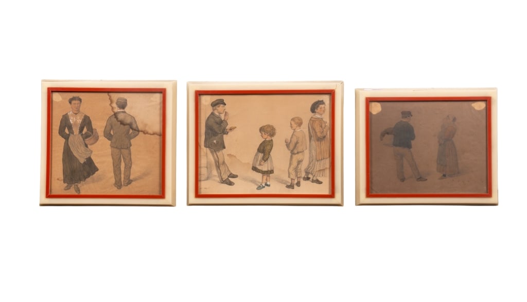 THREE 19TH C. DRAWINGS: Three 19th century drawings, one signed "Dout 1874" to LL. Framed. Approximate dimensions: h. 11.5", w. 14.25", d. 1.25" Disclaimer: Participating bidders must have a credit card on file with LiveAuct