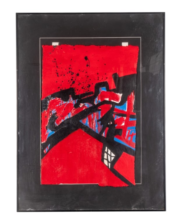 SHOGUN, MIXED MEDIA ON PAPER: "Shogun" - mixed media on paper, signed and titled to verso. Framed. Approximate dimensions: h. 32", w. 24", d. 9" Disclaimer: Participating bidders must have a credit card on file with