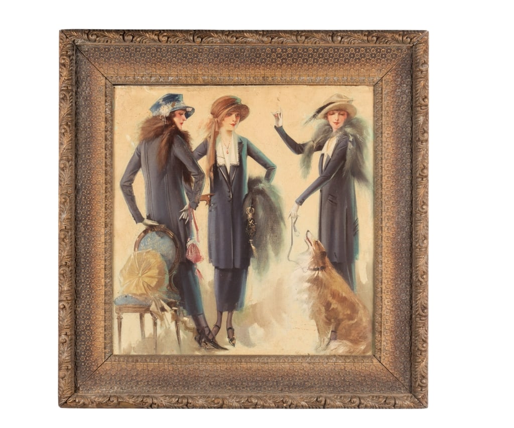 THREE LADIES WITH THE DOG, MIXED MEDIA: Three ladies with the dog. Untitled - mixed media on canvas laid on board, apparently unsigned. Framed. Approximate dimensions: h. 27", w. 28", d. 1" Disclaimer: Participating bidders must have a
