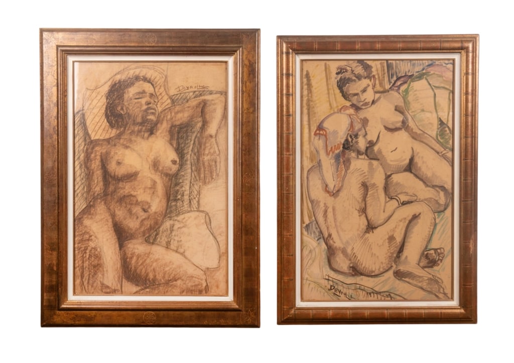 TWO DEYROLLE NUDE PAINTINGS, GOUACHE ON PAPER: Deyrolle (20th century). "Sleeping Woman" - gouache on paper, signed, framed. " Two nudes" -gouache on paper, signed, framed. Approximate dimensions: h. 42", w. 29", d. 1"; h. 43", w. 32", d. 1"
