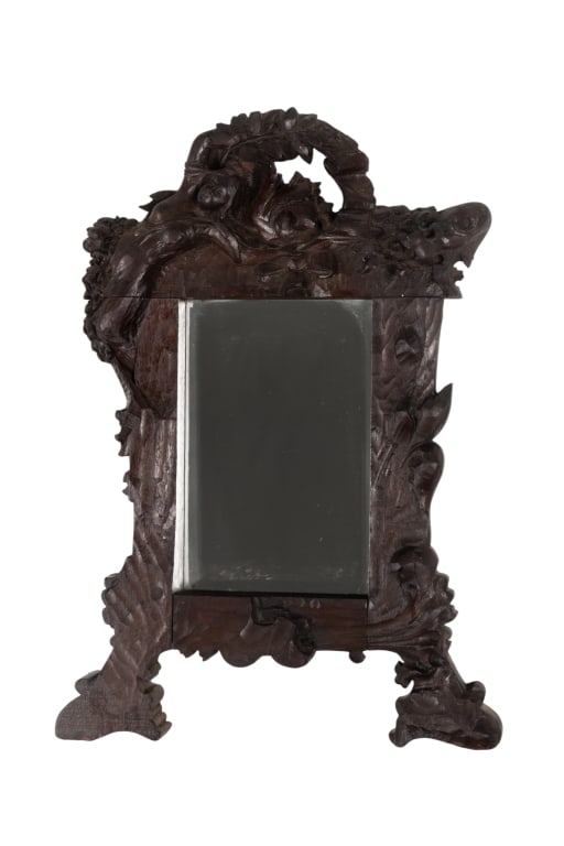 FIGURAL CARVED WOODEN MIRROR: Figural carved wooden mirror with carved roses and female figure. Approximate dimensions: h. 23", w. 15.5", d. 3" Disclaimer: Participating bidders must have a credit card on file with