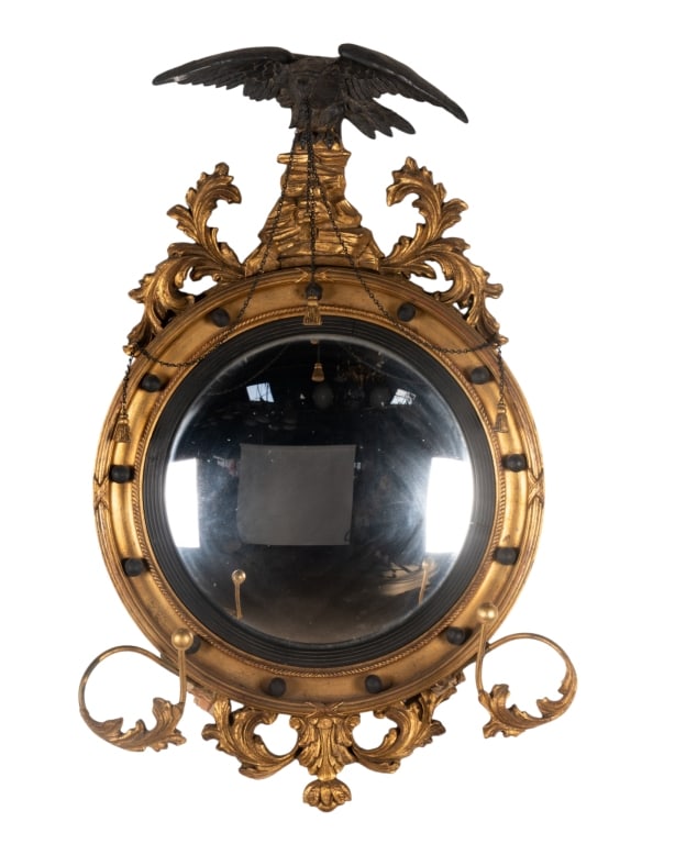 VINTAGE FEDERAL STYLE CONVEX GIRANDOLE MIRROR: Vintage Federal style convex girandole mirror with eagle finial and candle holders. Approximate dimensions: h. 37", w. 23.5", d. 7" Disclaimer: Participating bidders must have a credit card on file wi
