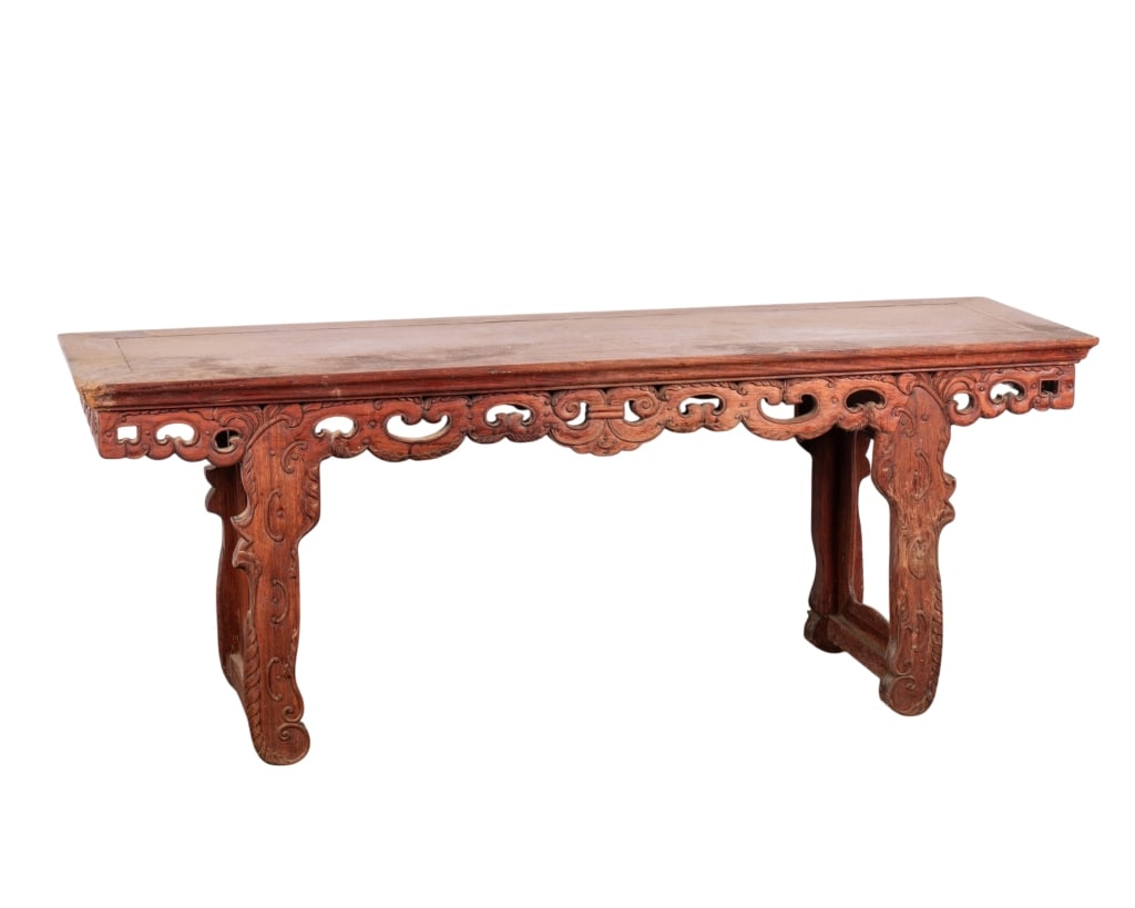 CHINESE ROSEWOOD CARVED BENCH: Chinese rosewood carved bench with intricate carved details. Approximate dimensions: h. 18", w. 47", d. 14" Disclaimer: Participating bidders must have a credit card on file with LiveAuctioneers in
