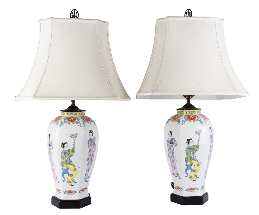 PAIR OF CHINESE PORCELAIN VASES MOUNTED AS LAMPS: Pair of Chinese porcelain vases mounted as lamps. Approximate dimensions: h. 31", w. 17.5", d. 14.5" Disclaimer: Participating bidders must have a credit card on file with LiveAuctioneers in order for