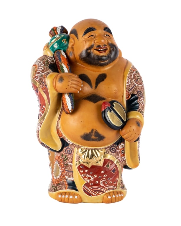 JAPANESE KUTANI HOTEI BUDDHA SCULPTURE: Japanese Kutani Hotei Buddha sculpture. Approximate dimensions: h. 10", w. 6.5", d. 5" Disclaimer: Participating bidders must have a credit card on file with LiveAuctioneers in order for their