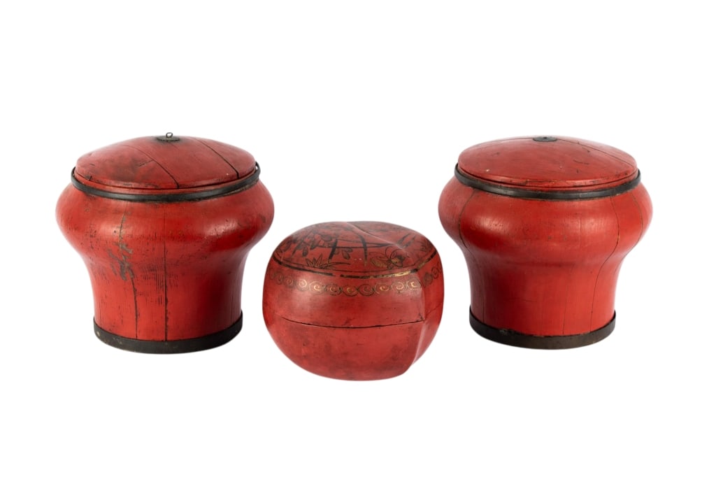 THREE ANTIQUE CHINESE RED LACQUERED RICE BUCKETS: Three antique Chinese red lacquered rice buckets. Approximate dimensions: largest h. 9", dia. 10" Disclaimer: Participating bidders must have a credit card on file with LiveAuctioneers in order for