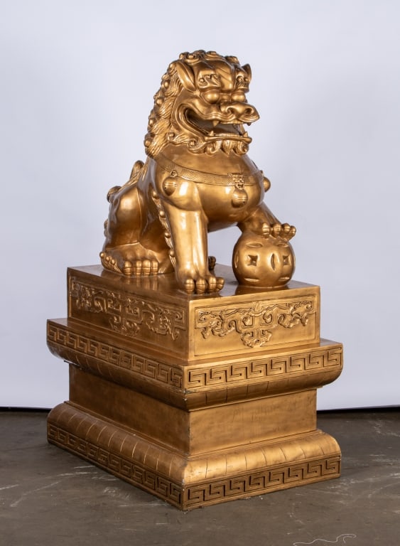 PAIR OF MONUMENTAL CHINESE FIBERGLASS GOLD BEIJING LIONS/FOO DOGS - 6
