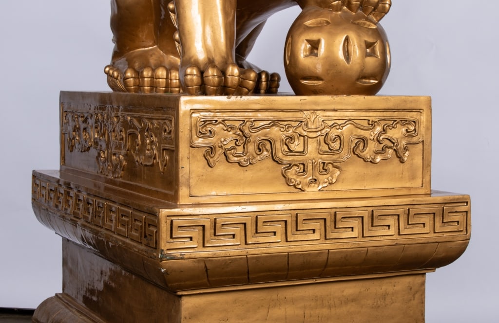 PAIR OF MONUMENTAL CHINESE FIBERGLASS GOLD BEIJING LIONS/FOO DOGS - 7