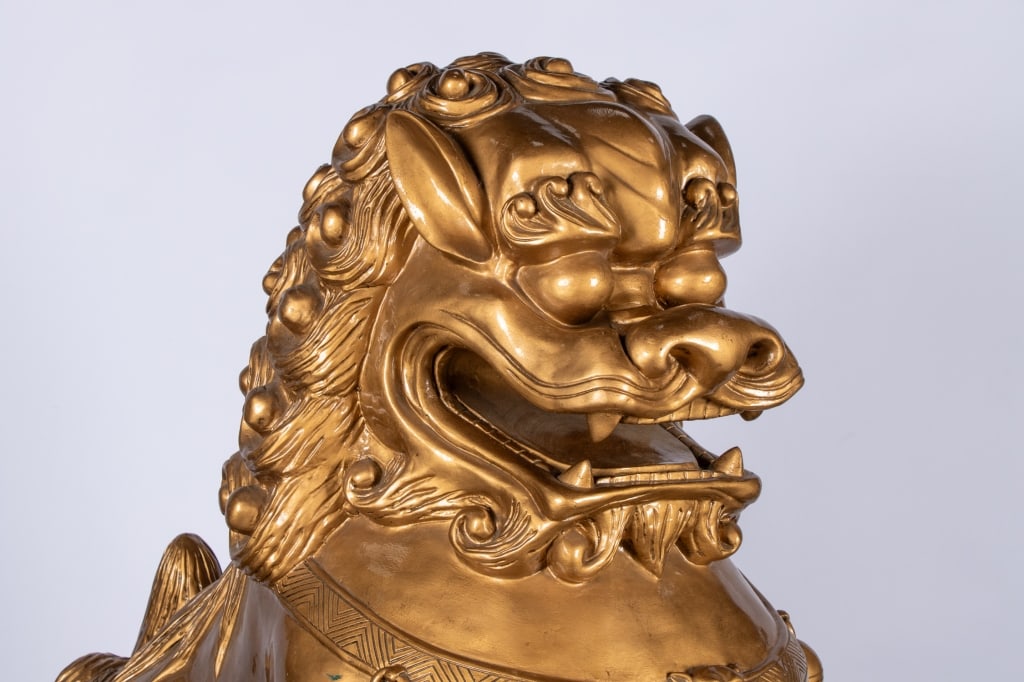 PAIR OF MONUMENTAL CHINESE FIBERGLASS GOLD BEIJING LIONS/FOO DOGS - 8