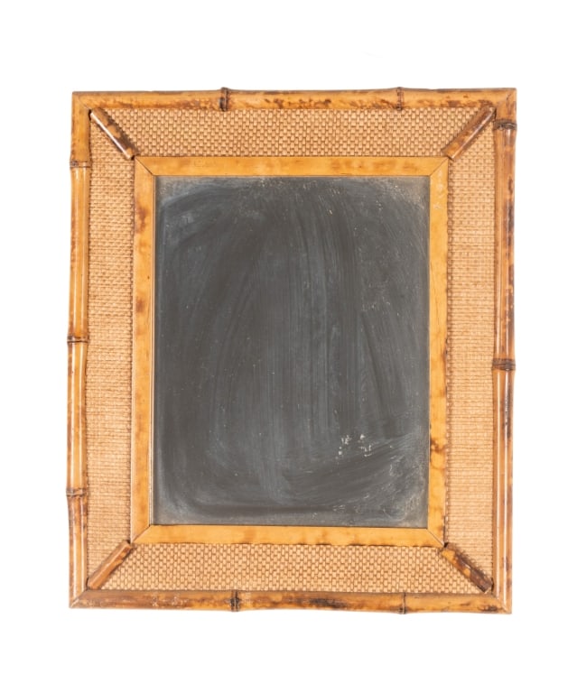 VINTAGE FAUX BAMBOO WALL MIRROR: Vintage faux bamboo wall mirror with beveled mirror plate. Approximate dimensions: h. 14.5", w. 12.25", d. 0.75" Disclaimer: Participating bidders must have a credit card on file with LiveAuctioneers 