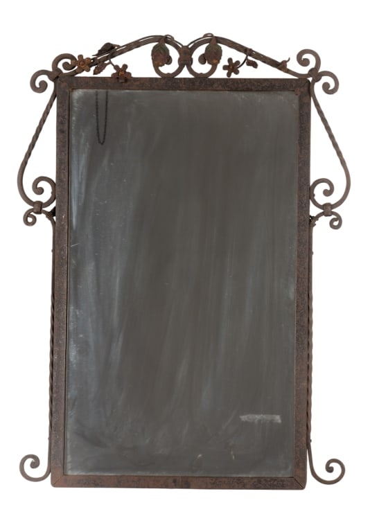 METAL WALL MIRROR WITH FLORAL ACCENTS: Metal wall mirror with floral accents. Approximate dimensions: h. 28", w. 22", d. 1.25" Disclaimer: Participating bidders must have a credit card on file with LiveAuctioneers in order for their