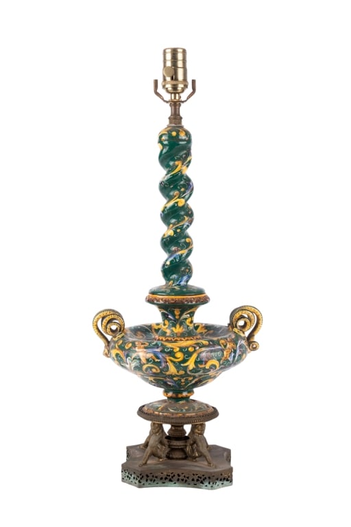 ITALIAN STYLE TABLE LAMP: Italian style table lamp. Approximate dimensions: h. 25", w. 10.5", d. 8" Disclaimer: Participating bidders must have a credit card on file with LiveAuctioneers in order for their bidding