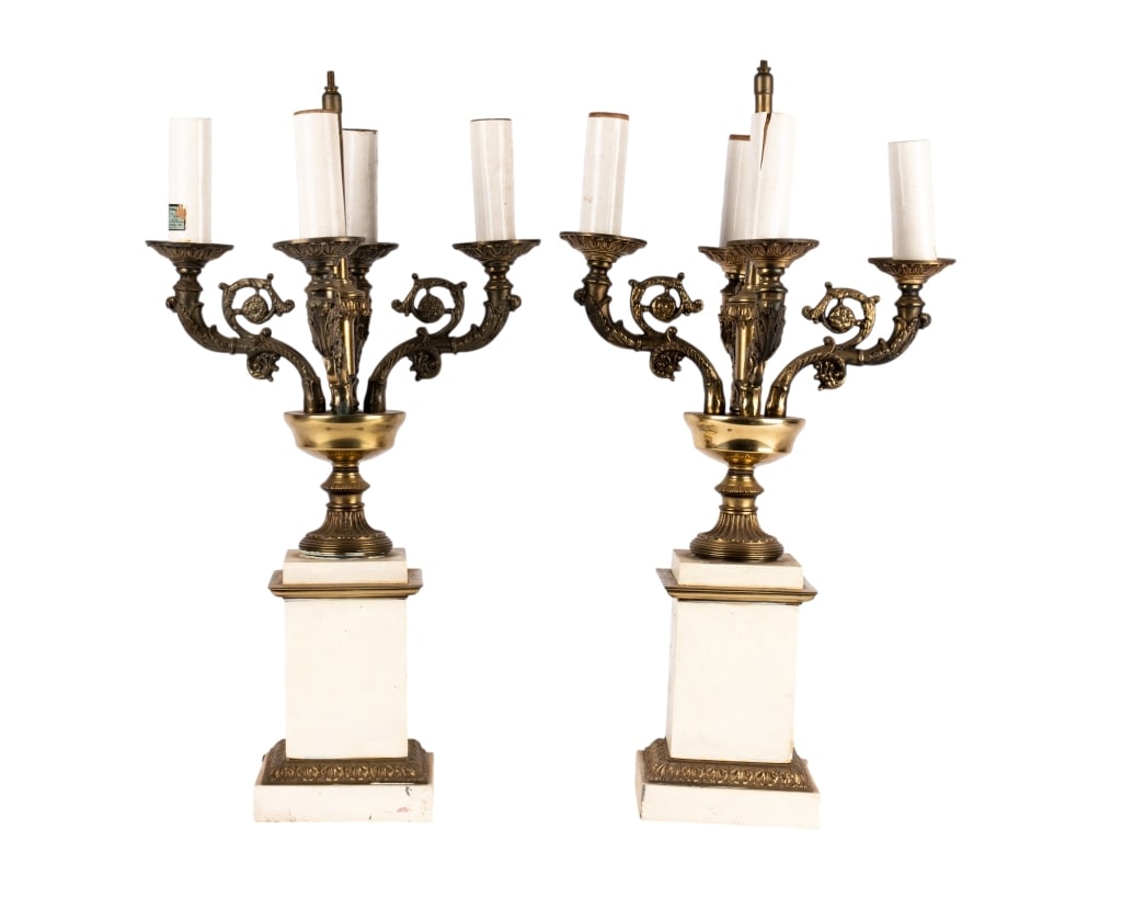 PAIR OF 4-LIGHT CANDELABRA TABLE LAMPS: Pair of 4-light candelabra table lamps. Approximate dimensions: h. 21.5", w. 12", d. 12" Disclaimer: Participating bidders must have a credit card on file with LiveAuctioneers in order for their
