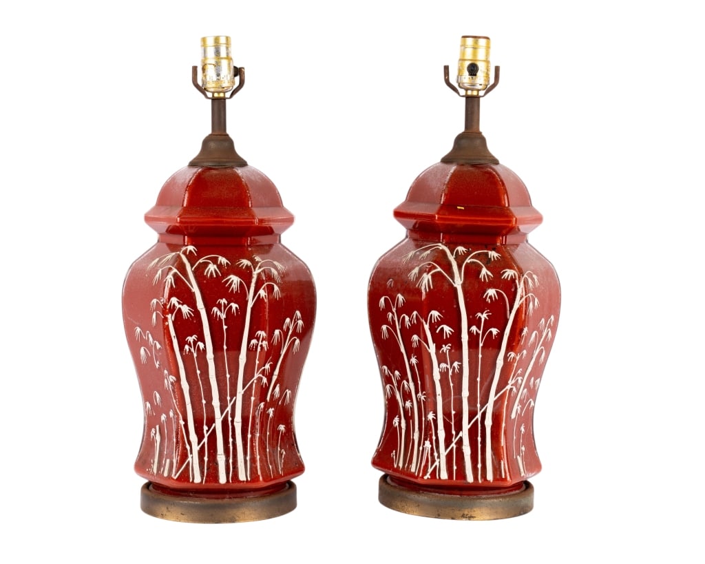 PAIR OF ASIAN INSPIRED MID-CENTURY TABLE LAMPS: Pair of Asian inspired mid-century table lamps. Approximate dimensions: h. 20", w. 9", d. 9" Disclaimer: Participating bidders must have a credit card on file with LiveAuctioneers in order for their