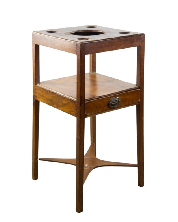 ANTIQUE MAHOGANY BEDSIDE TABLE: Antique mahogany bedside table with cut glass bowl and plate. Approximate dimensions: h. 31", w. 16", d. 15.5" Disclaimer: Participating bidders must have a credit card on file with LiveAuctioneers