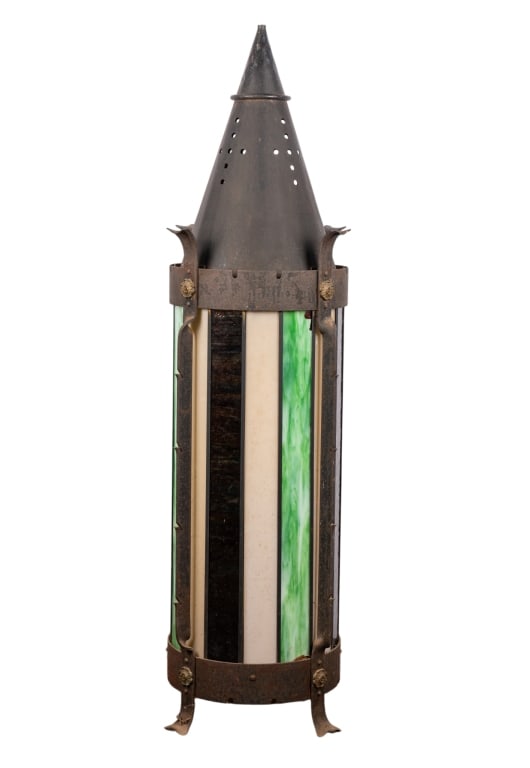 ARTS & CRAFTS STYLE STAINED GLASS FLOOR LANTERN: Arts and Crafts style stained glass floor lantern. Approximate dimensions: h. 50", dia. 16" Disclaimer: Participating bidders must have a credit card on file with LiveAuctioneers in order for their