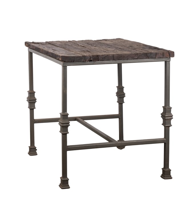 ANTIQUE RUSTIC SIDE TABLE: Antique rustic side table with metal base and wood top. Approximate dimensions: h. 25", w. 23", d. 23.5" Disclaimer: Participating bidders must have a credit card on file with LiveAuctioneers in
