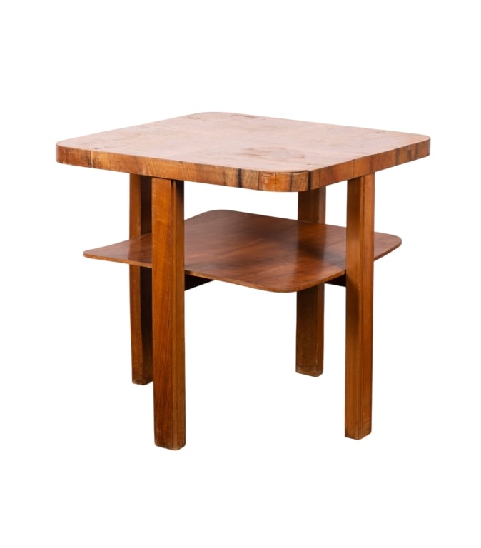 FRENCH ART DECO ACCENT TABLE: French Art Deco accent table with shelf. Approximate dimensions: h. 24.5", w. 25.5", d. 25.5" Disclaimer: Participating bidders must have a credit card on file with LiveAuctioneers in order for their