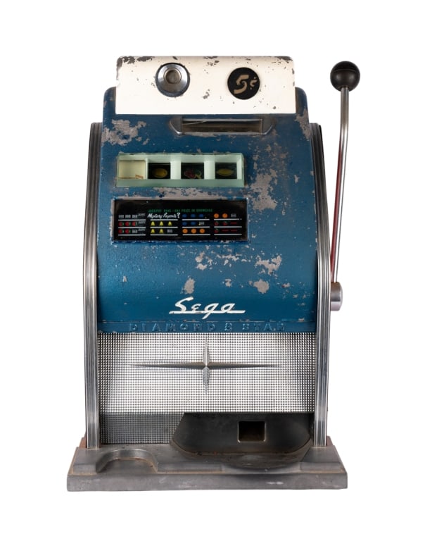 SEGA DIAMOND 3 STAR SLOT MACHINE: Sega Diamond 3 Star slot machine with 5 cent play, coin slot, and pull lever having a blue, white, and silver body with black accents, marked on front. Approximate dimensions: h. 26", w. 17", d. 14"
