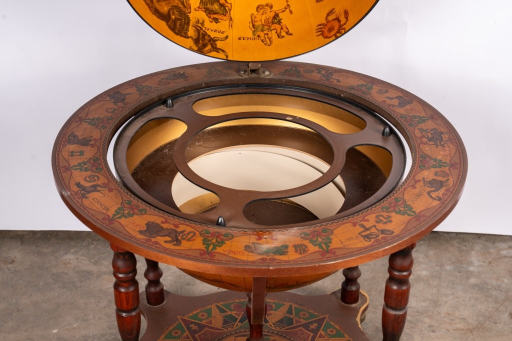 MID-CENTURY ZODIAC WOOD GLOBE BAR CABINET - 4