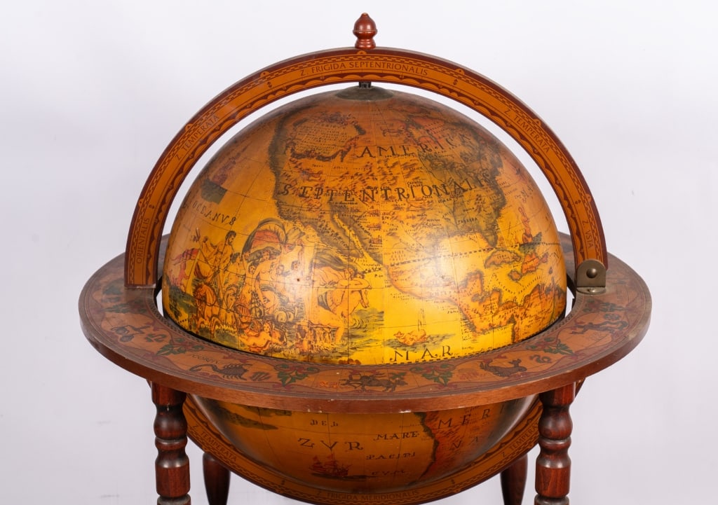 MID-CENTURY ZODIAC WOOD GLOBE BAR CABINET - 5