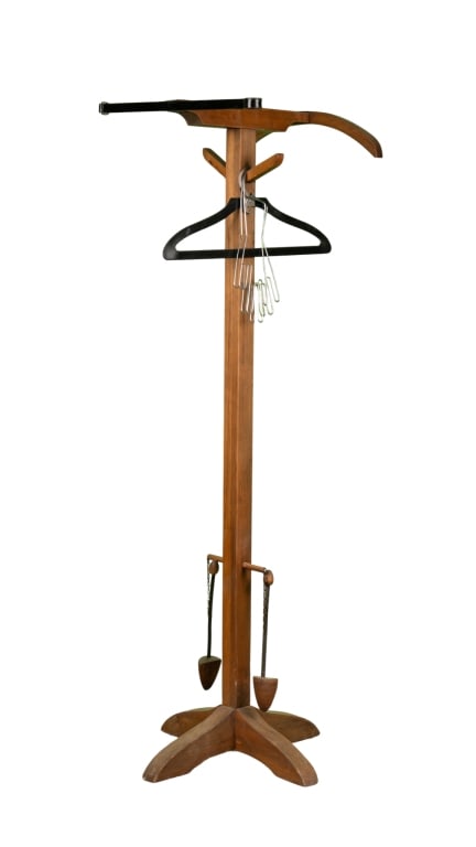 VINTAGE VALET STAND: Vintage valet stand. Approximate dimensions: h. 55", w. 19", d. 20" Disclaimer: Participating bidders must have a credit card on file with LiveAuctioneers in order for their bidding registration to